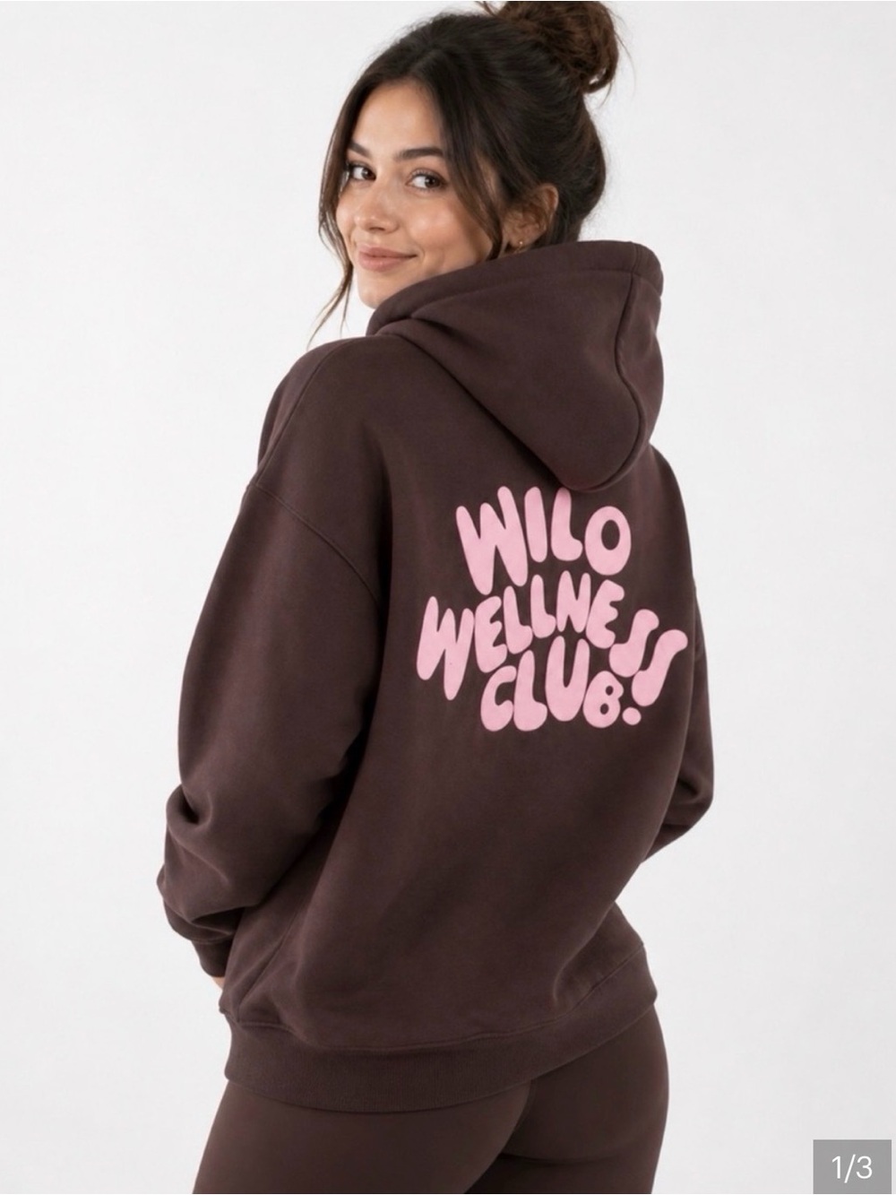 Wilo Wellness Club Brown Hoodie with Pink Logo and brown ribbed leggings!